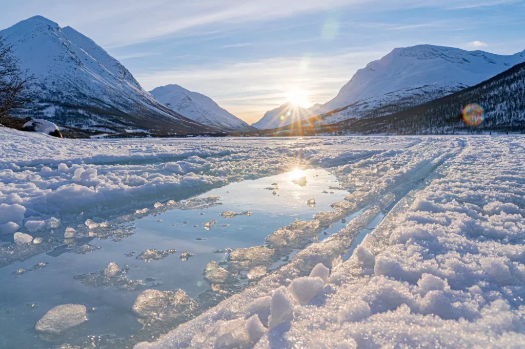 icy winter landscape in the Lyngen Alps, Finnmark in northern Norway north of the polar circle