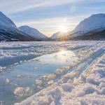 icy winter landscape in the Lyngen Alps, Finnmark in northern Norway north of the polar circle
